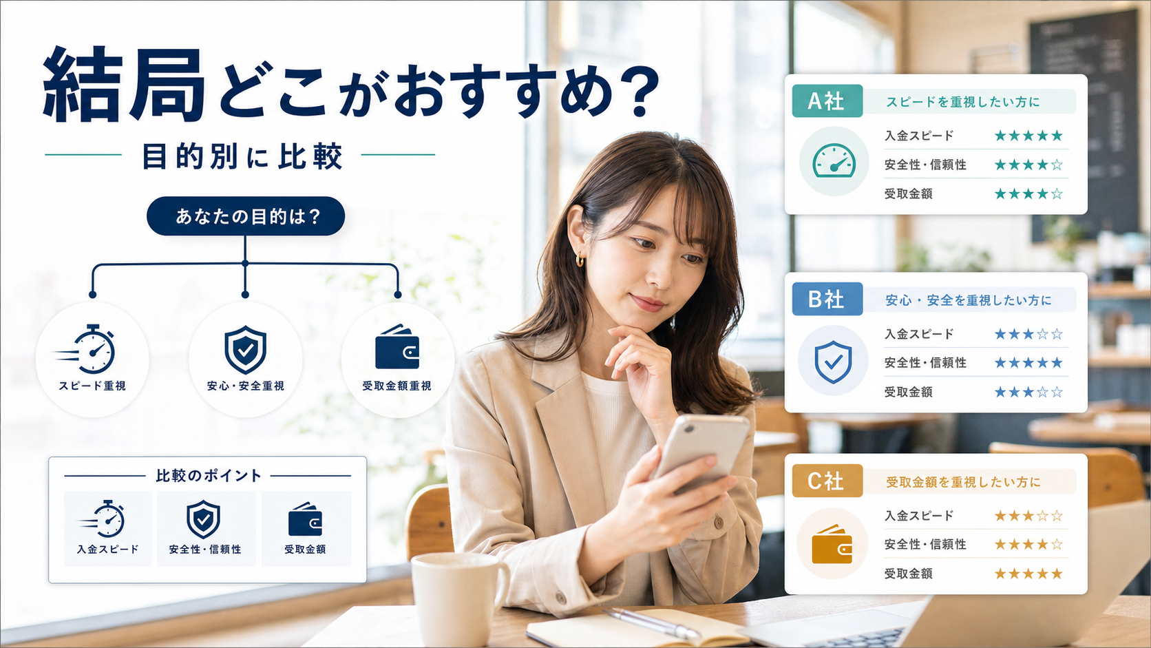 結局どこがおすすめ？目的別おすすめの現金化業者