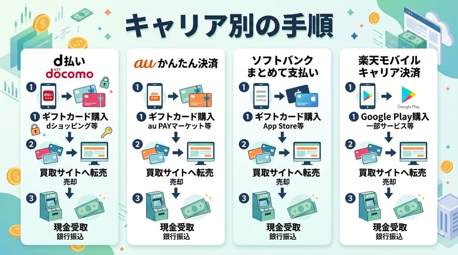 携帯キャリア別の具体的な現金化手順